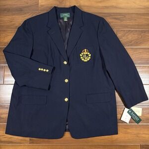 NEW Lauren Ralph Lauren Size 24 W‎ Embroidered 3D Crest 100% Wool Blazer Jacket
